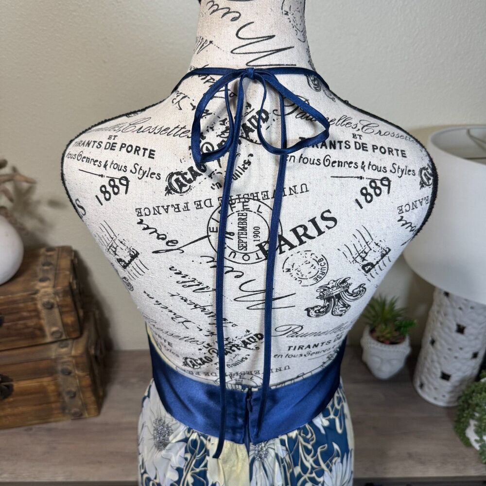 BCBG Y2k Silk Floral Babydoll Halter Maxi Dress Size 4 Bow Whimsy Fairy Bow - Picture 7 of 11